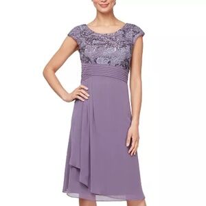 Alex Evenings Women's Sequined-Lace A-Line Dress Empire Waist Lilac Sleeveless 8